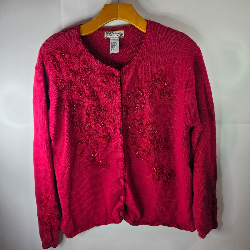 Vtg Christopher & Banks Cardigan Sweater Womens M Red Beaded Embroidered Floral